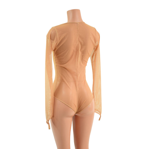 Bustless Mesh Romper with Skinny Sleeves and Fingerloops, Brazilian Cut Leg - Coquetry Clothing
