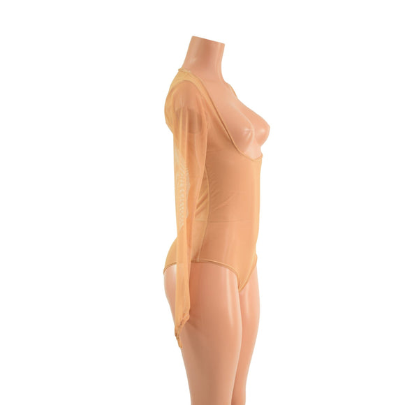 Bustless Mesh Romper with Skinny Sleeves and Fingerloops, Brazilian Cut Leg - Coquetry Clothing
