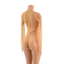 Bustless Mesh Romper with Skinny Sleeves and Fingerloops, Brazilian Cut Leg - Coquetry Clothing