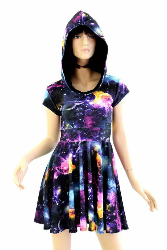 Cap Sleeve Galaxy Hooded Skater Dress - Coquetry Clothing