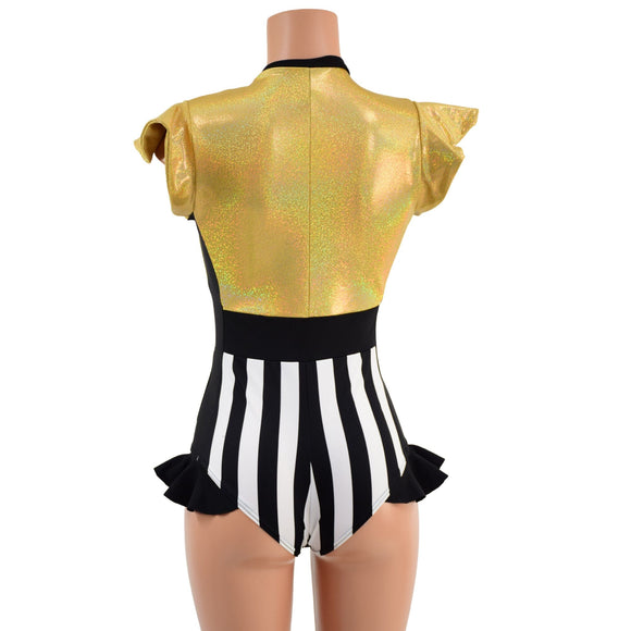 Circus Stripes and Gold Holographic Flip Sleeve Paneled Romper - Coquetry Clothing