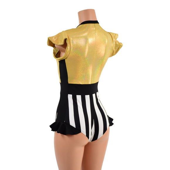 Circus Stripes and Gold Holographic Flip Sleeve Paneled Romper - Coquetry Clothing