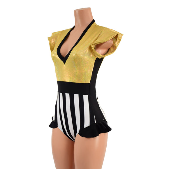 Circus Stripes and Gold Holographic Flip Sleeve Paneled Romper - Coquetry Clothing