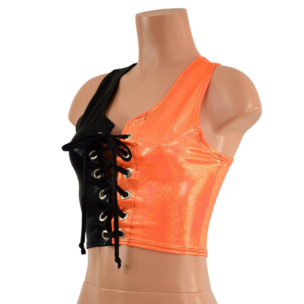 Color Split Lace up Racerback Crop Top - 4