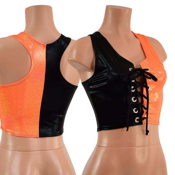 Color Split Lace up Racerback Crop Top - 1