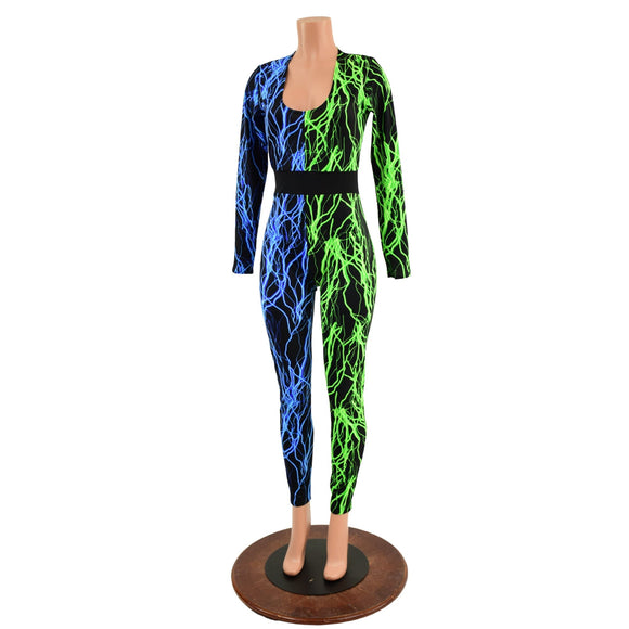 Color Split Neon Lightning Catsuit with Waistband - Coquetry Clothing