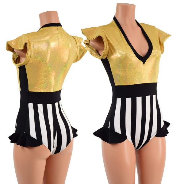 Circus Stripes and Gold Holographic Flip Sleeve Paneled Romper - 1
