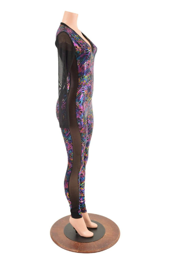 Cyberspace Catsuit with Mesh Sleeves & Side Panels - Coquetry Clothing
