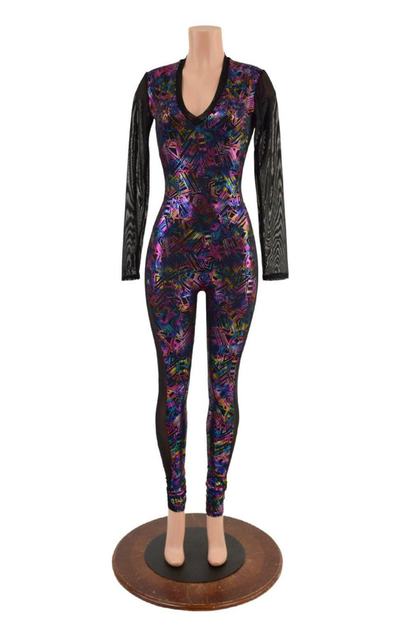 Cyberspace Catsuit with Mesh Sleeves & Side Panels - Coquetry Clothing