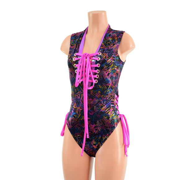 CyberSpace Lace Up Romper with Brazilian Cut Leg - Coquetry Clothing