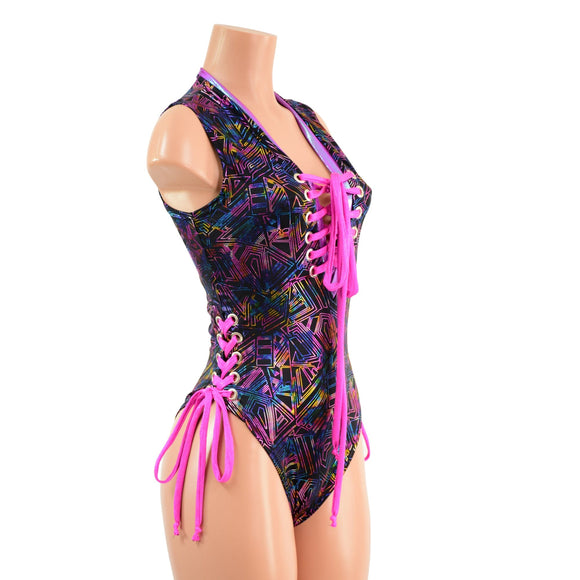 CyberSpace Lace Up Romper with Brazilian Cut Leg - Coquetry Clothing
