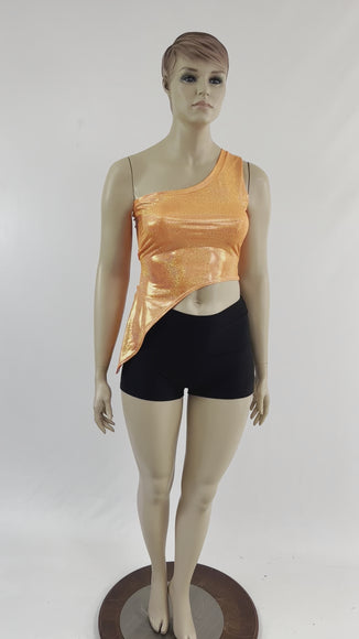 Orange Sparkly Jewel One Shoulder Asymetrical Hemline Crop - Coquetry Clothing