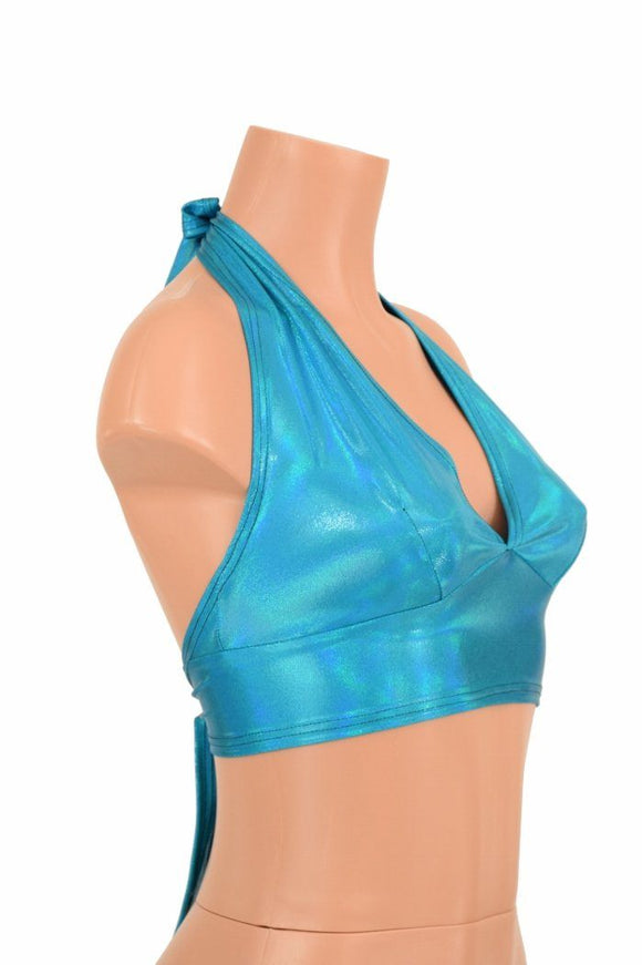 Darted Tie Back Halter in Peacock Holographic - Coquetry Clothing