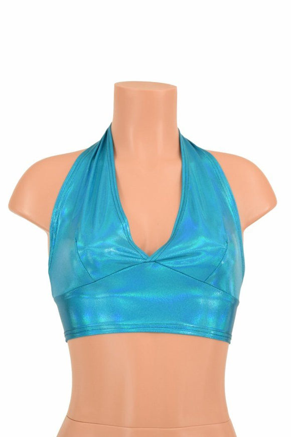 Darted Tie Back Halter in Peacock Holographic - Coquetry Clothing