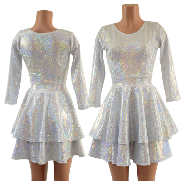Double Ruffle Skater Dress with 3/4 Sleeves and Crew Neck - Coquetry Clothing