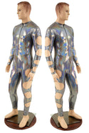 Mens Quad Cutout Catsuit in Silver Holographic - 1