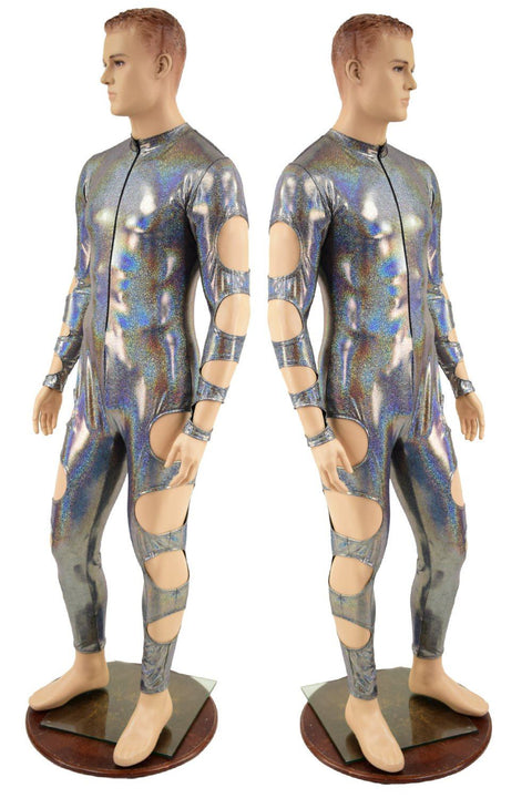 Mens Quad Cutout Catsuit in Silver Holographic - Coquetry Clothing
