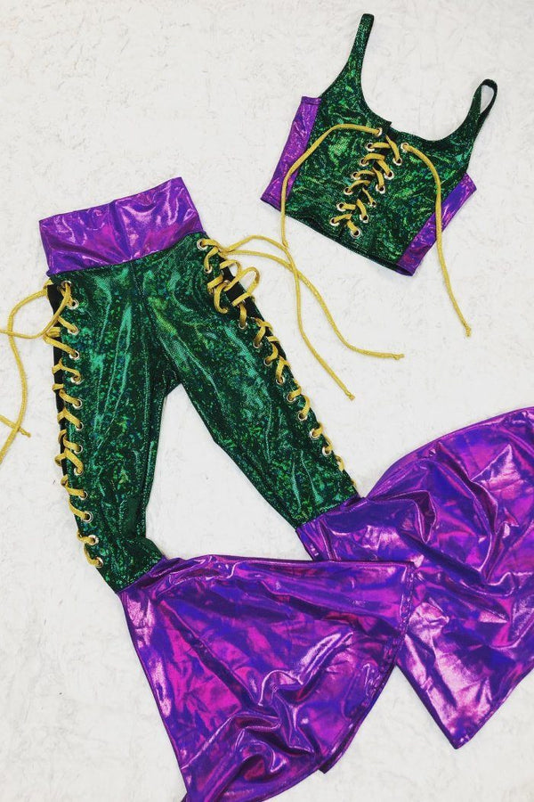 Mardi Gras 2PC Lace Up Top and Bell Bottom Pants Set - 19