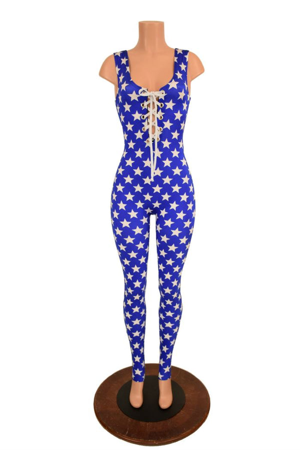 Lace Up Blue & White Star Catsuit - 2