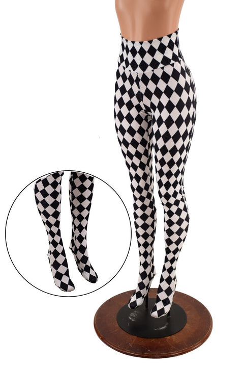 Footed High Waist Leggings in Black and White Diamond - Coquetry Clothing