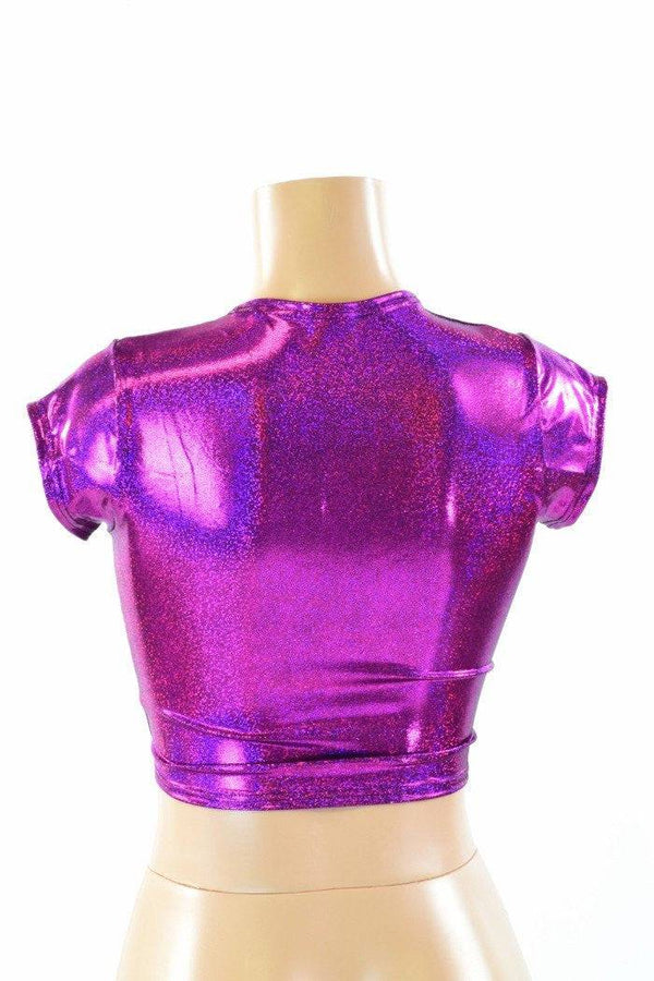 Fuchsia Sparkly Jewel Cap Sleeve Crop Top - 2