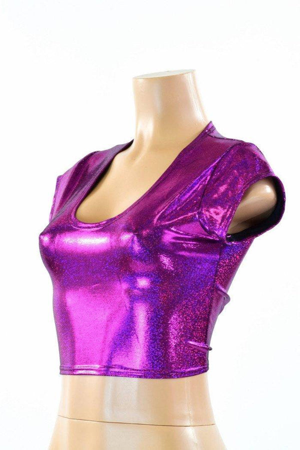 Fuchsia Sparkly Jewel Cap Sleeve Crop Top - 5