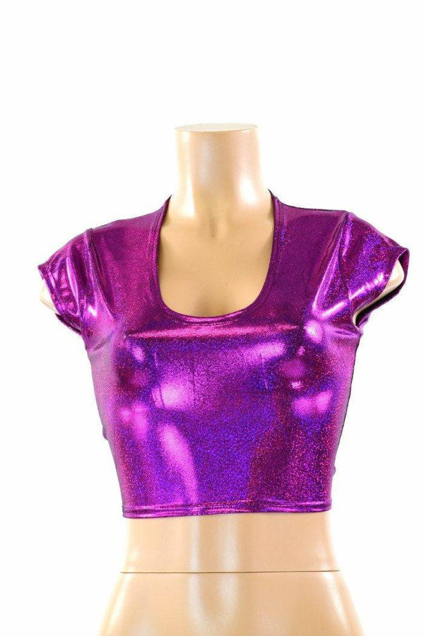 Fuchsia Sparkly Jewel Cap Sleeve Crop Top - 4