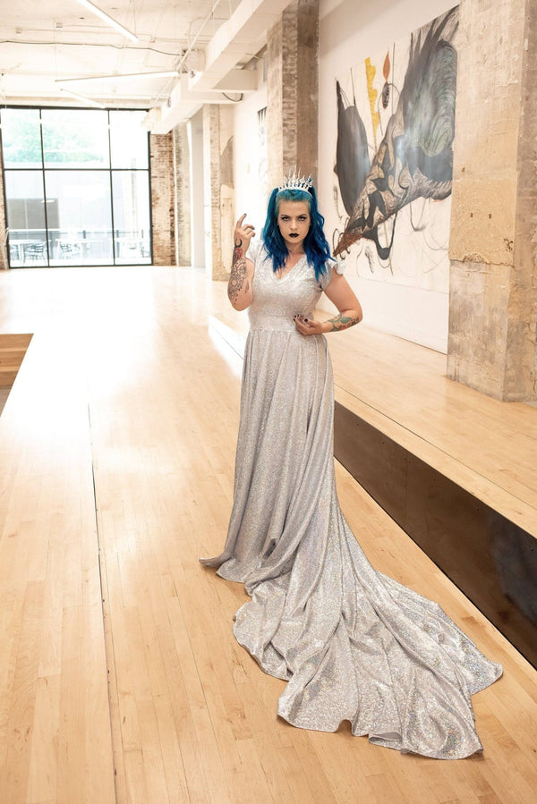 Full Length Holographic Circle Cut Gown with Train - 16