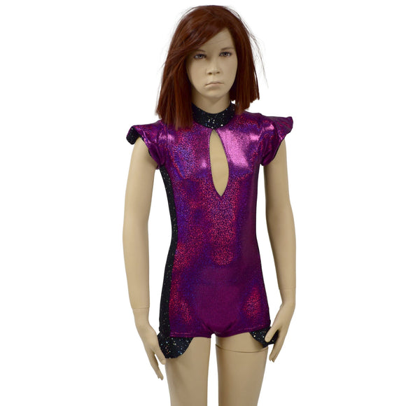 Girls Fuchsia Sparkly Jewel Romper with Side Panels and Keyhole - Coquetry Clothing