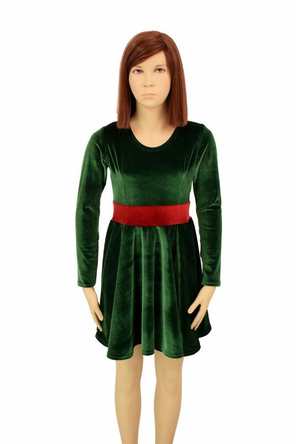 Girls Green & Red Velvet Skater Dress - Coquetry Clothing