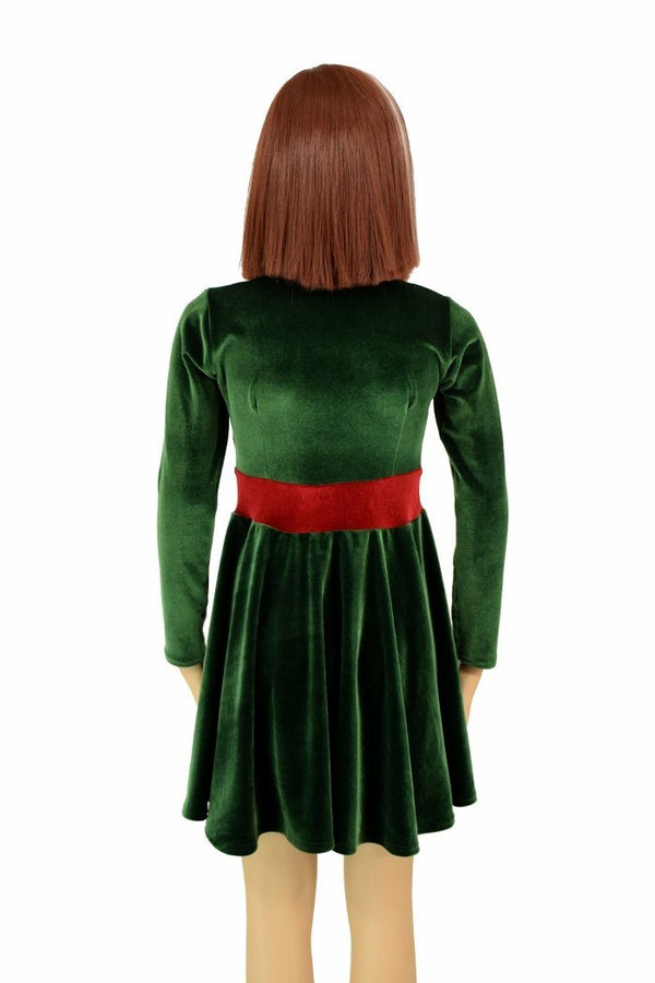 Girls Green & Red Velvet Skater Dress - 3