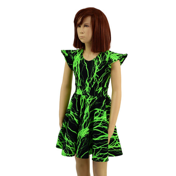 Girls Neon Green Lightning Skater Dress - Coquetry Clothing