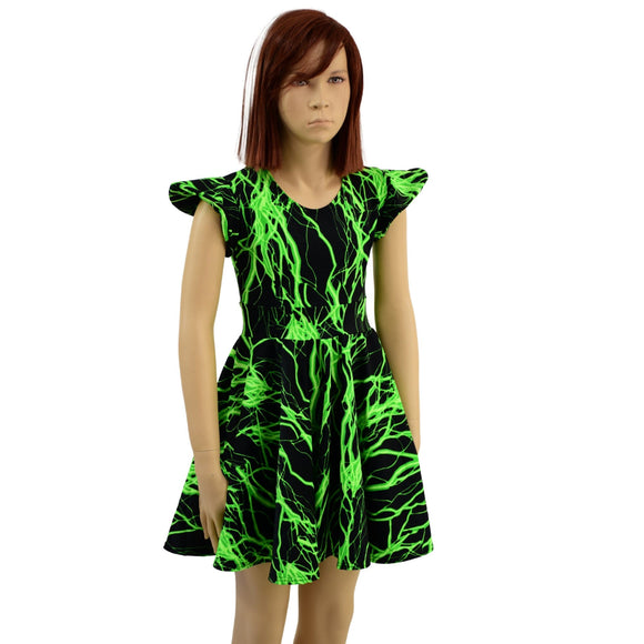 Girls Neon Green Lightning Skater Dress - Coquetry Clothing