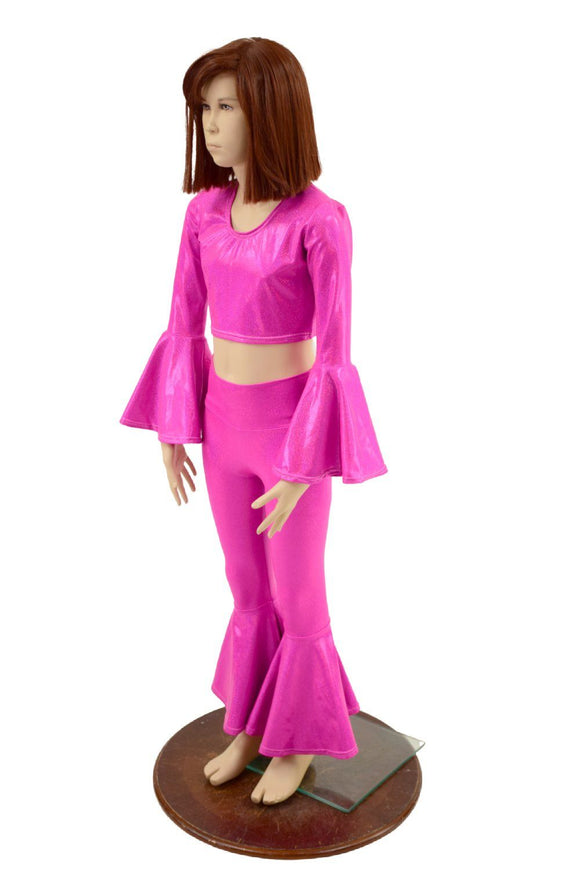 Girls Neon Pink Trumpet Sleeve Crop & Bell Bottom Flares Set - Coquetry Clothing