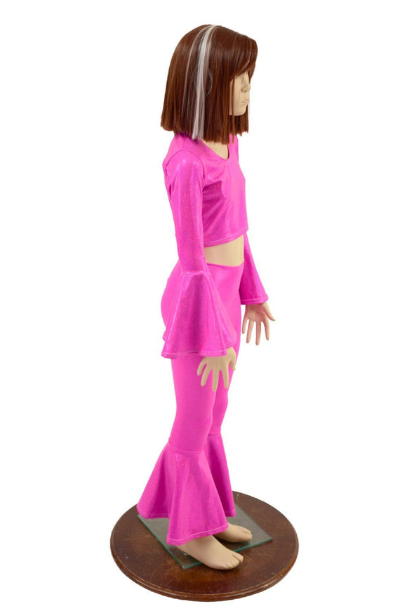 Girls Neon Pink Trumpet Sleeve Crop & Bell Bottom Flares Set - Coquetry Clothing