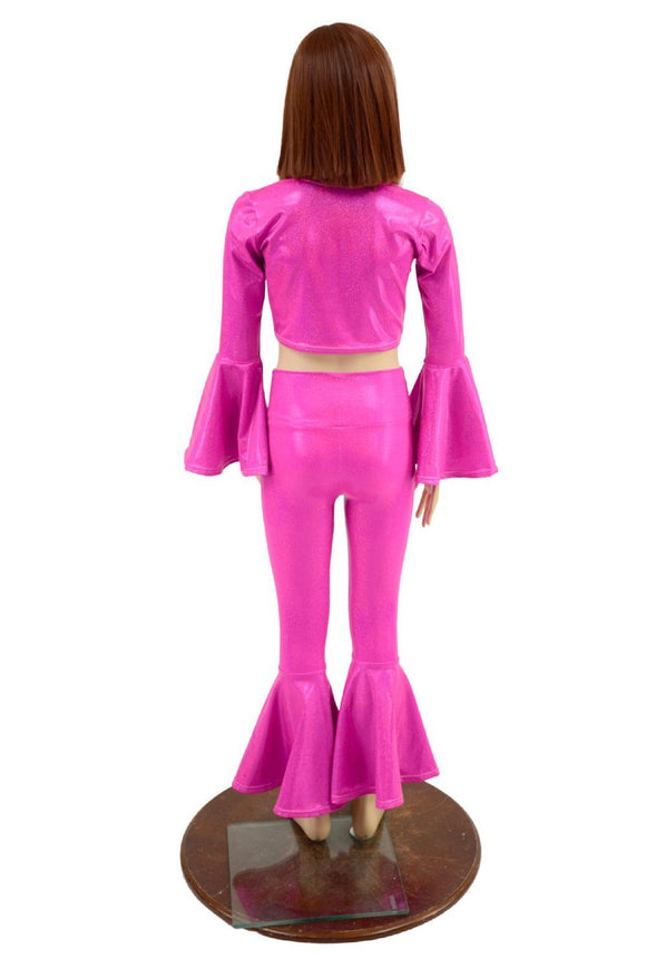 Girls Neon Pink Trumpet Sleeve Crop & Bell Bottom Flares Set - Coquetry Clothing