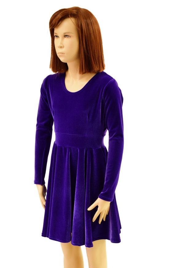 Girls Purple Velvet Long Sleeve Skater Dress - Coquetry Clothing