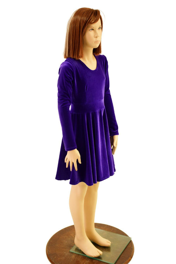 Girls Purple Velvet Long Sleeve Skater Dress - Coquetry Clothing
