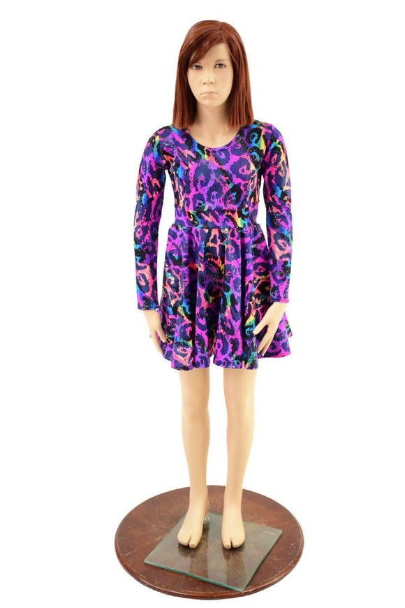Girls Rainbow Leopard Long Sleeve Skater Dress - Coquetry Clothing