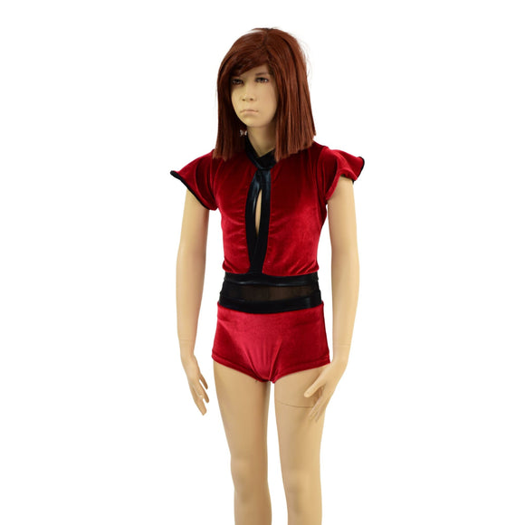 Girls Red Velvet Romper with Keyhole and Mesh Waistband - Coquetry Clothing