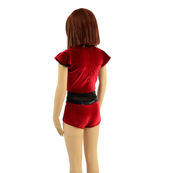 Girls Red Velvet Romper with Keyhole and Mesh Waistband - Coquetry Clothing