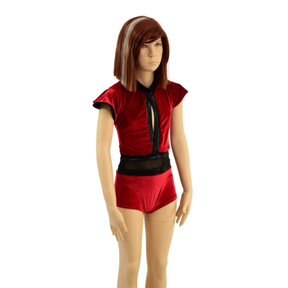 Girls Red Velvet Romper with Keyhole and Mesh Waistband - Coquetry Clothing