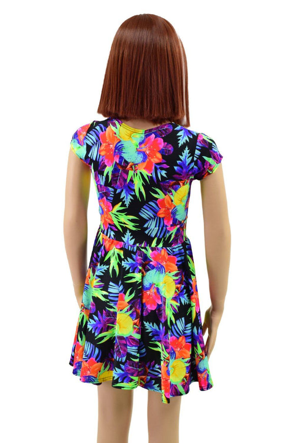 Girls Sonic Bloom UV Glow Cap Sleeve Skater Dress - Coquetry Clothing