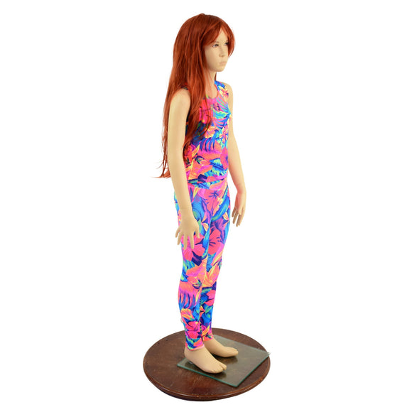Girls Tahitian Floral UV Glow Leggings and Full Length Sleeveless Top Set - Coquetry Clothing