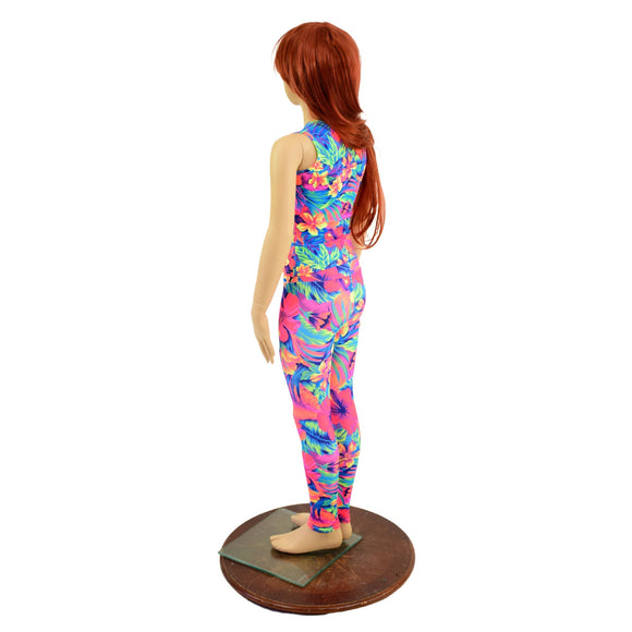 Girls Tahitian Floral UV Glow Leggings and Full Length Sleeveless Top Set - Coquetry Clothing