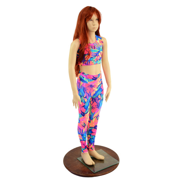 Girls Tahitian Floral UV Glow Leggings and Sleeveless Crop Top Set - Coquetry Clothing