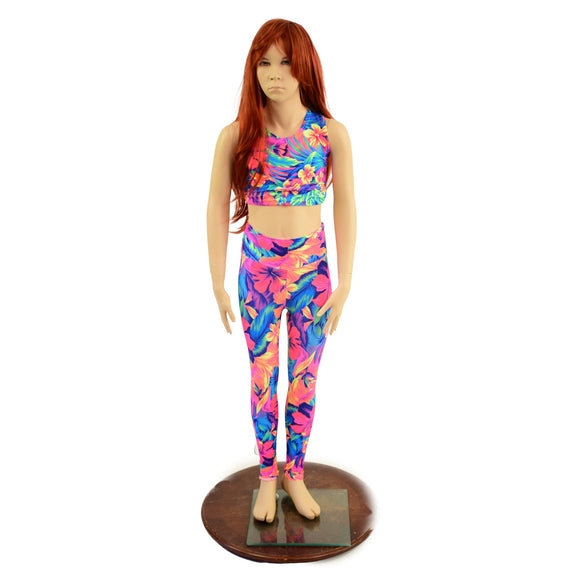 Girls Tahitian Floral UV Glow Leggings and Sleeveless Crop Top Set - Coquetry Clothing