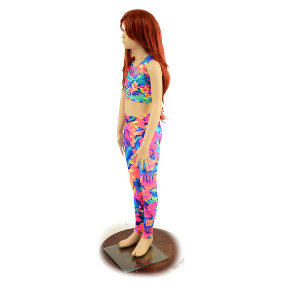Girls Tahitian Floral UV Glow Leggings and Sleeveless Crop Top Set - Coquetry Clothing