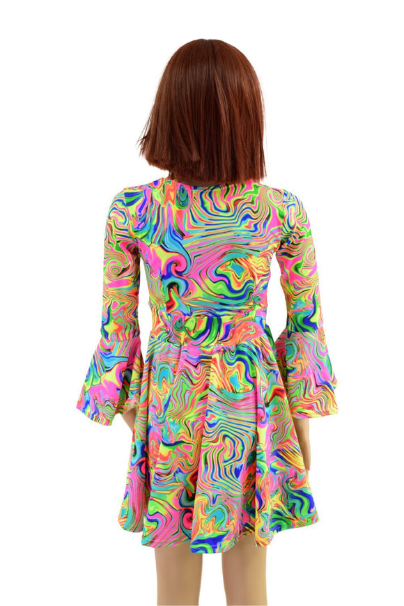 Girls Trumpet Sleeve Skater Dress in Neon Flux - Coquetry Clothing