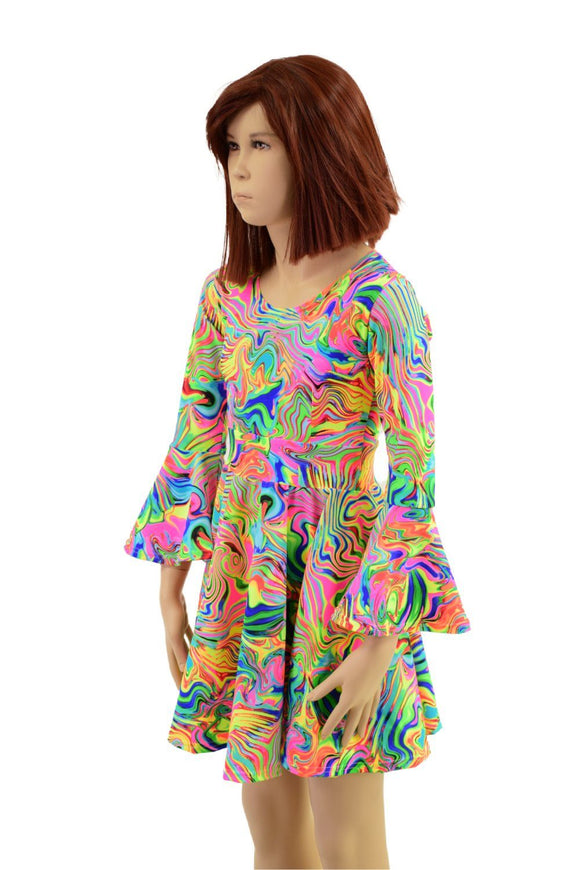 Girls Trumpet Sleeve Skater Dress in Neon Flux - Coquetry Clothing